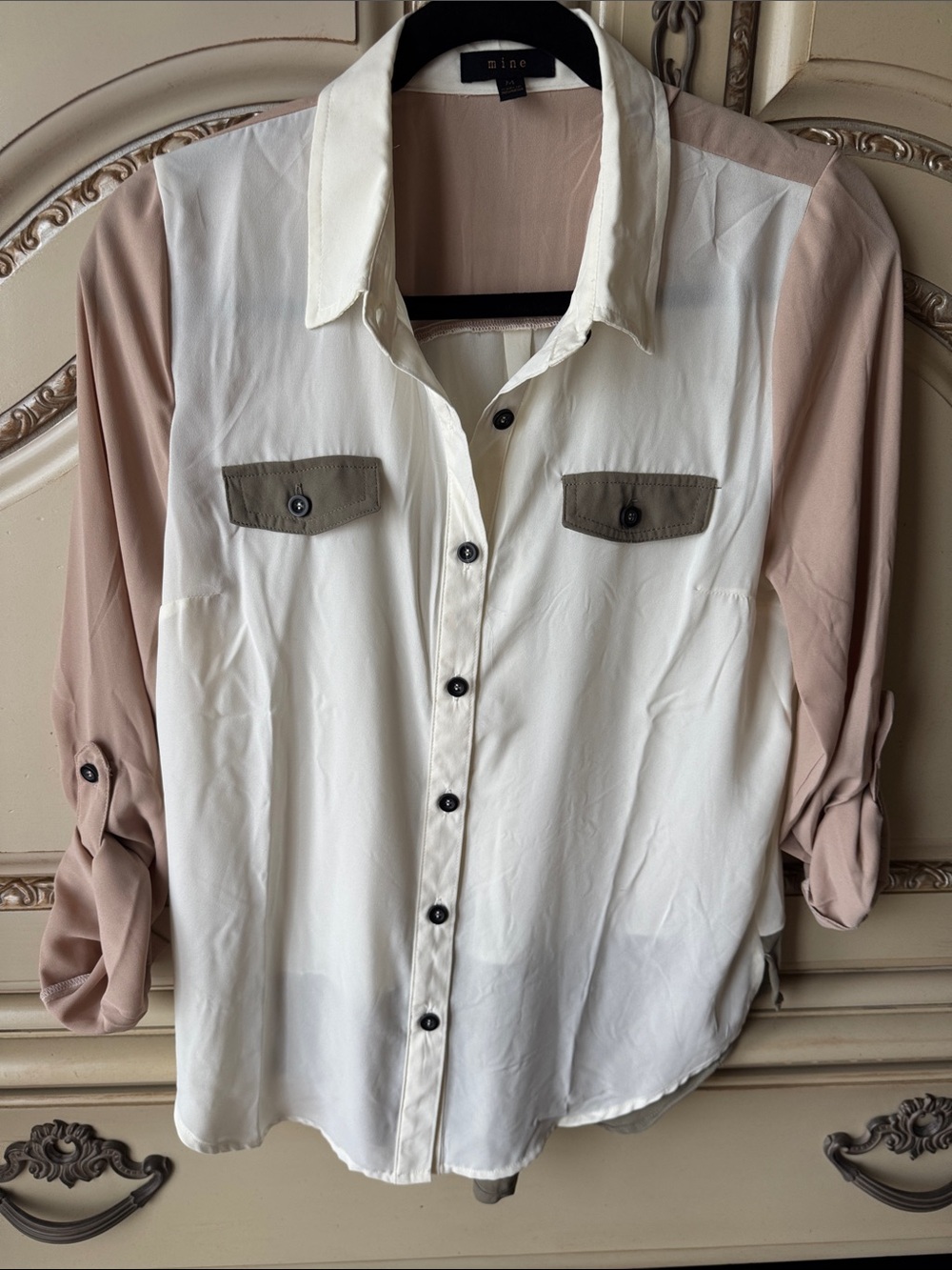 mine Two-Tone Cream and Taupe Button-Front Blouse